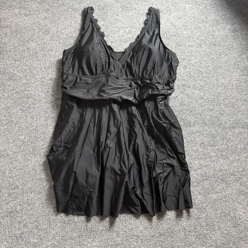 Black One Piece Swim Dress Swimsuit Size 4X Ruched Scalloped V-Neck Swimwear